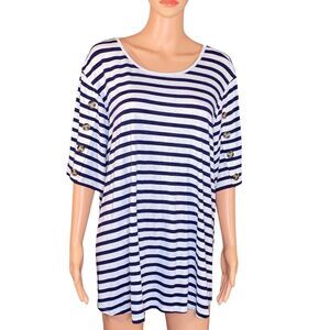 89th & Madison Striped Navy White Top Button Accents Womens Size 3X Short Sleeve